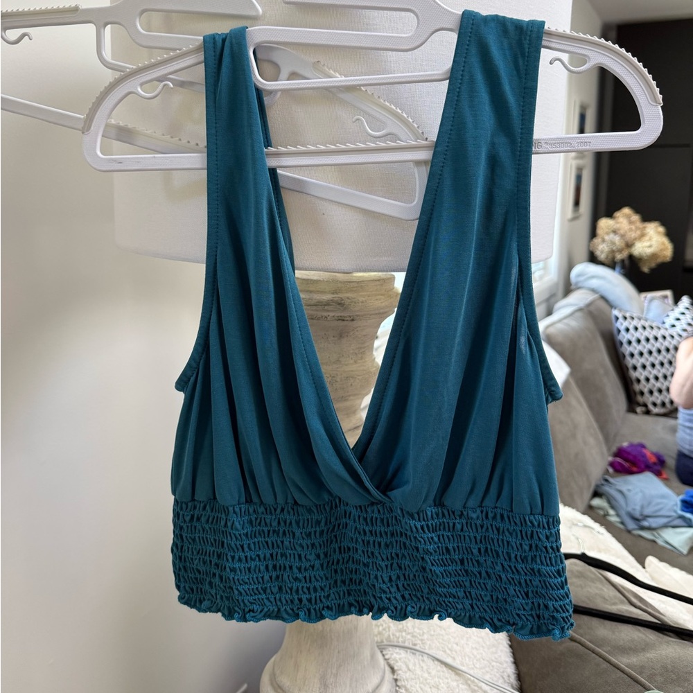 Deep Teal Smocked Hem Sleeveless V-Neck Tank Top